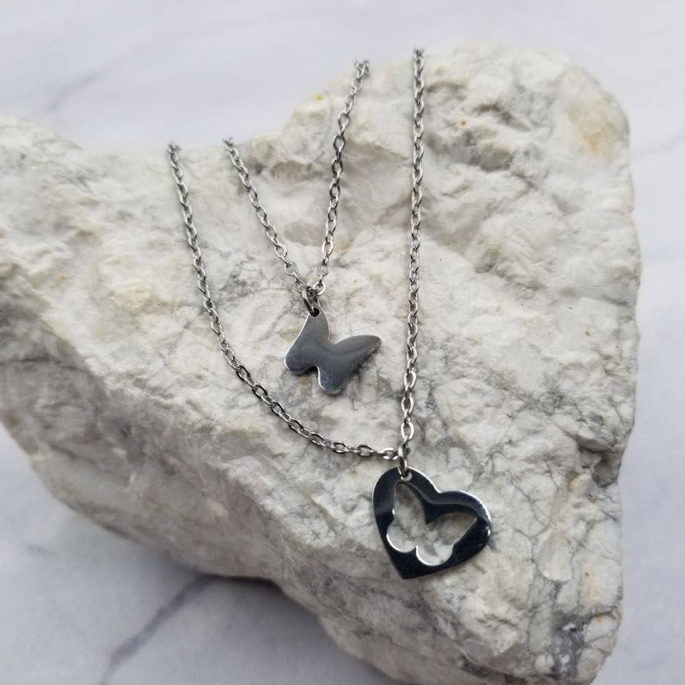Mom and Daughter Butterfly Heart Necklace - Set Of 2