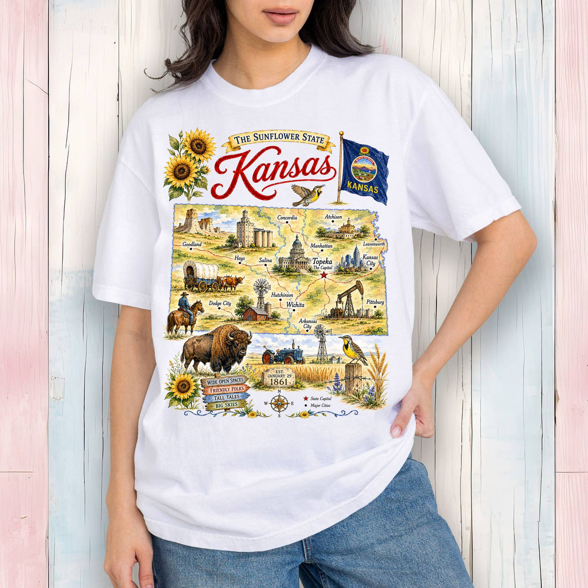 Kansas State Map Landmark T-Shirt