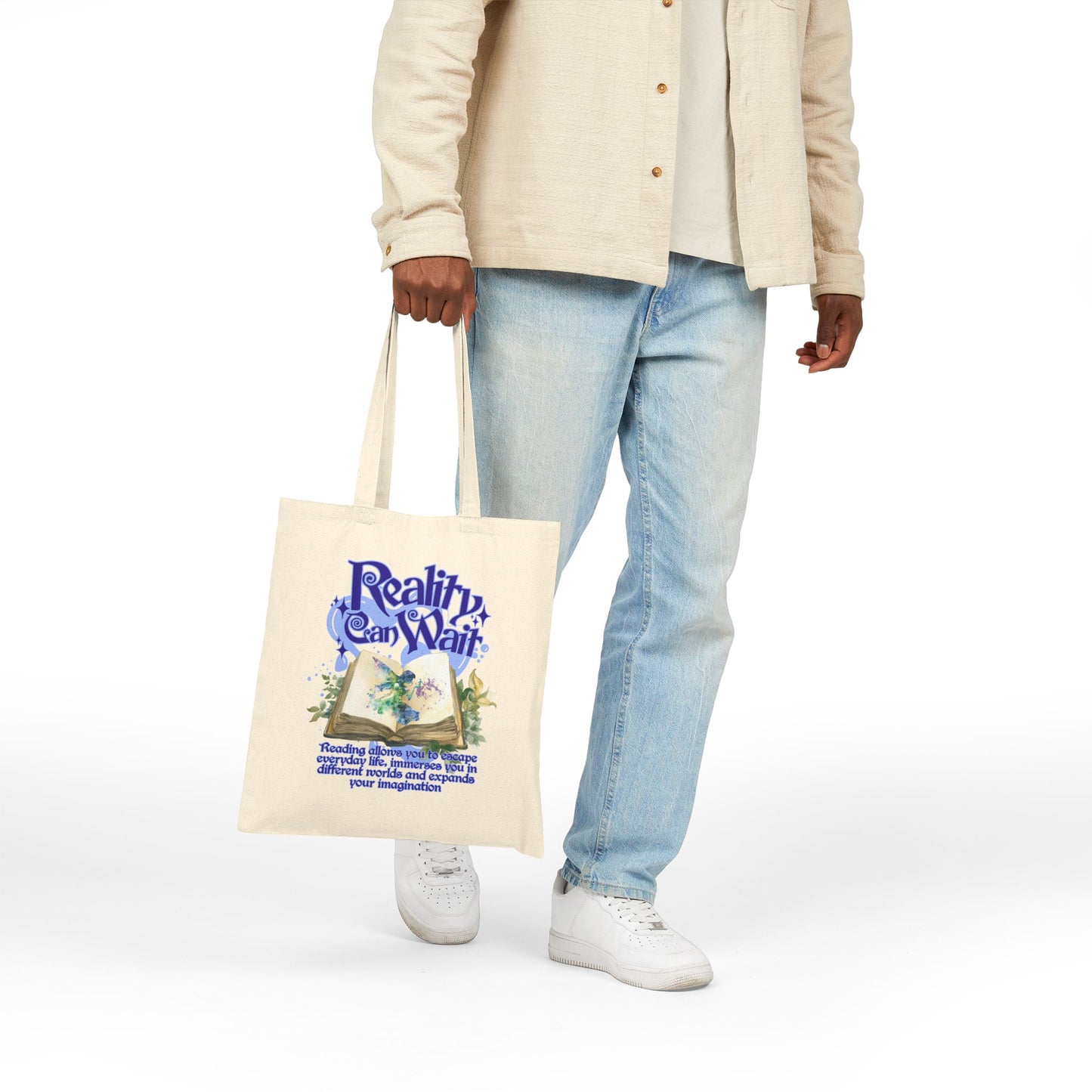 Reality Can Wait Purple Design Literary Tote Bag - Perfect for Book Lovers