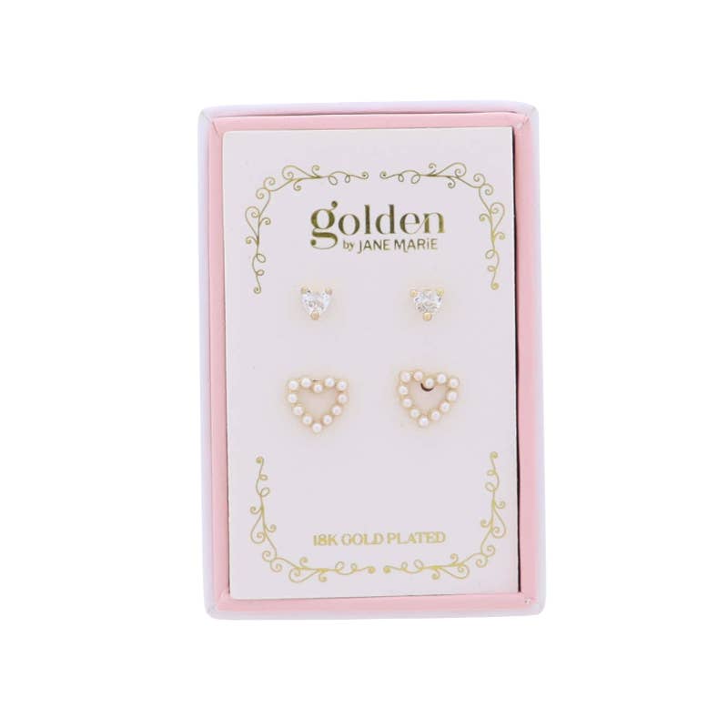 Kids 18K Gold Plated Set of 2 Heart & Pearl Heart Earrings