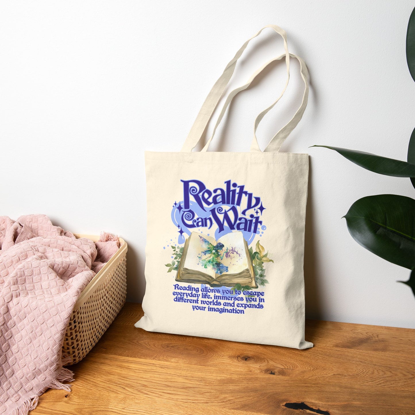Reality Can Wait Purple Design Literary Tote Bag - Perfect for Book Lovers