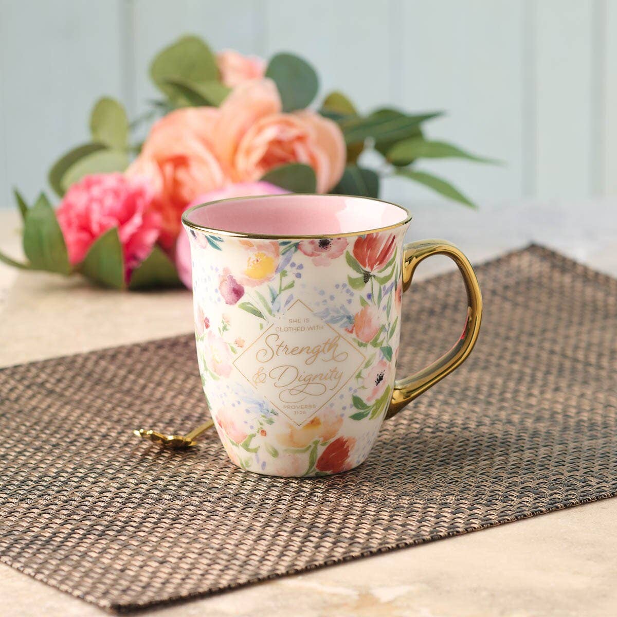 Mug Pink/White Floral Strength & Dignity Prov. 31:25