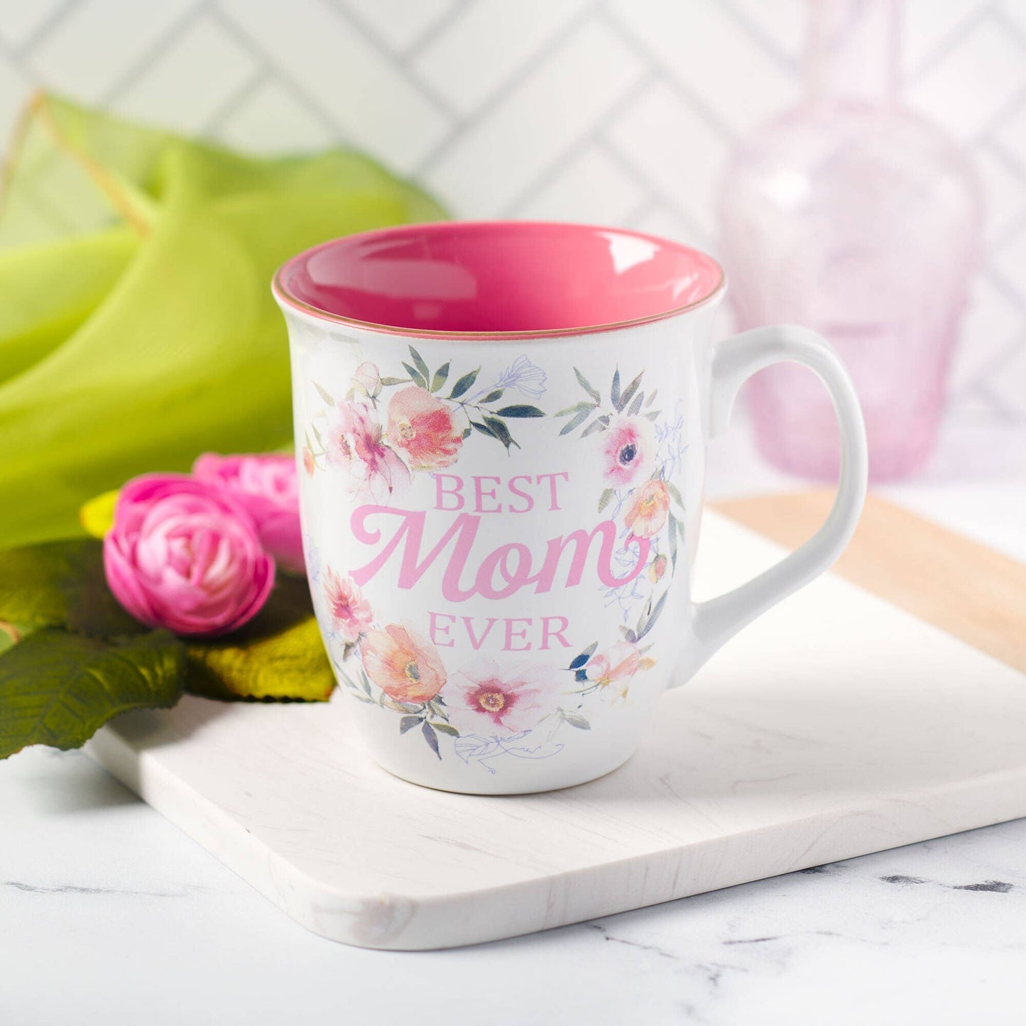 Best Mom Ever Floral Mug - Pink Interior (14oz) Num. 6:24