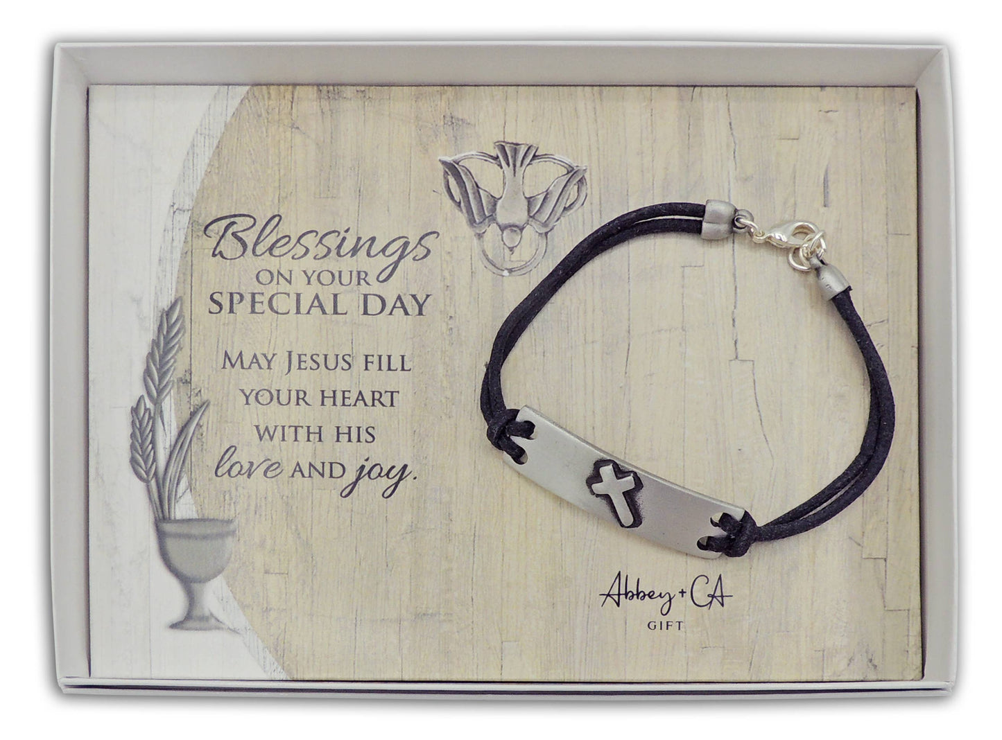 Bracelet with cross charm on a wooden card with text and Abbey & Co branding