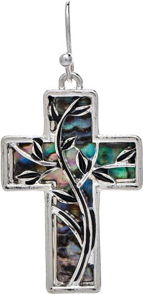 Silver Floral Vine Abalone Inlay Cross Earrings
