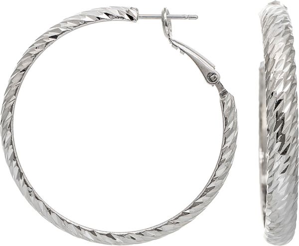 Silver Plated Diamond-Cut Hoop Earrings – 1.5"