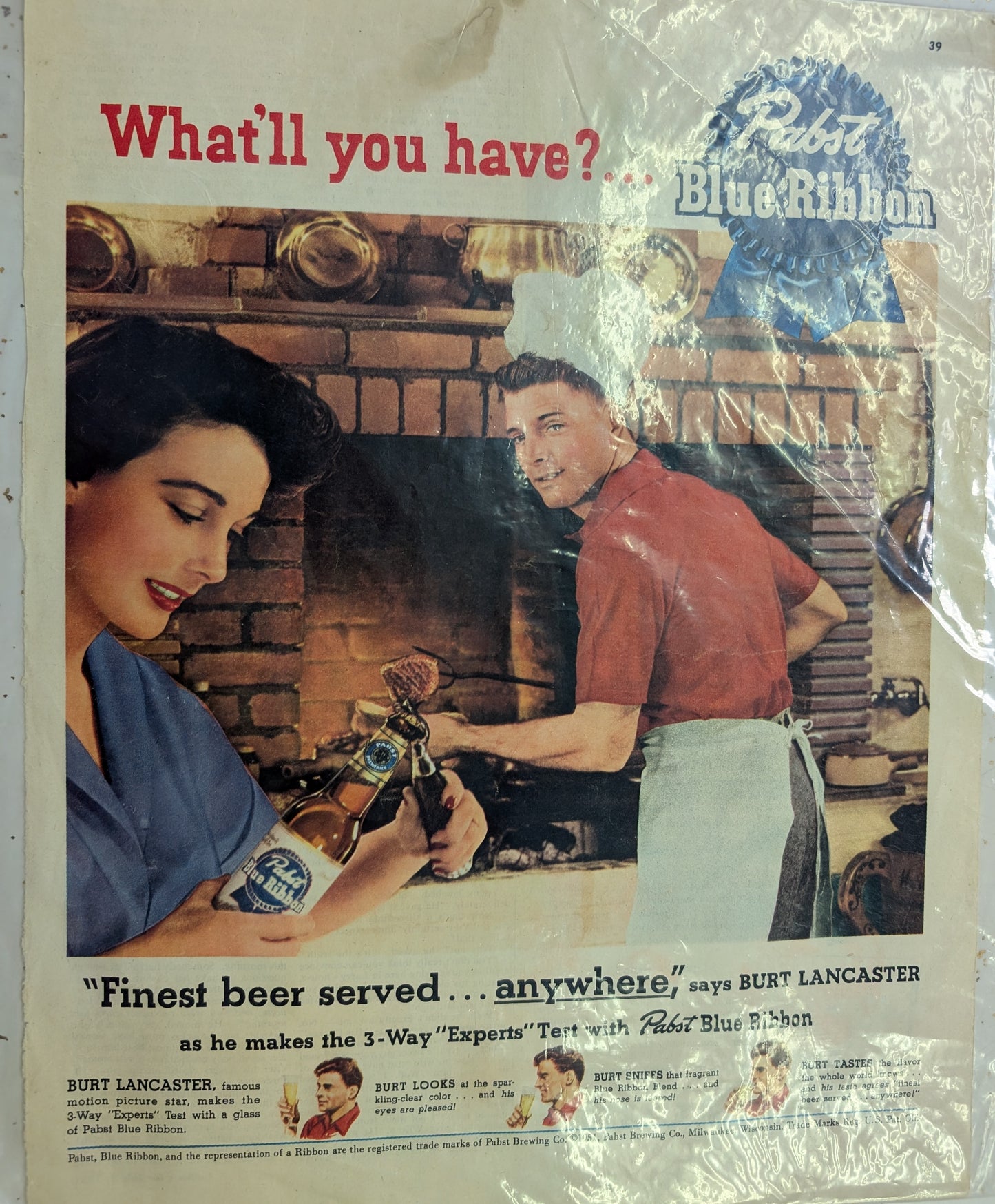 Colliers 1951 Pabst Blue Ribbon Advertisement featuring Burt Lancaster