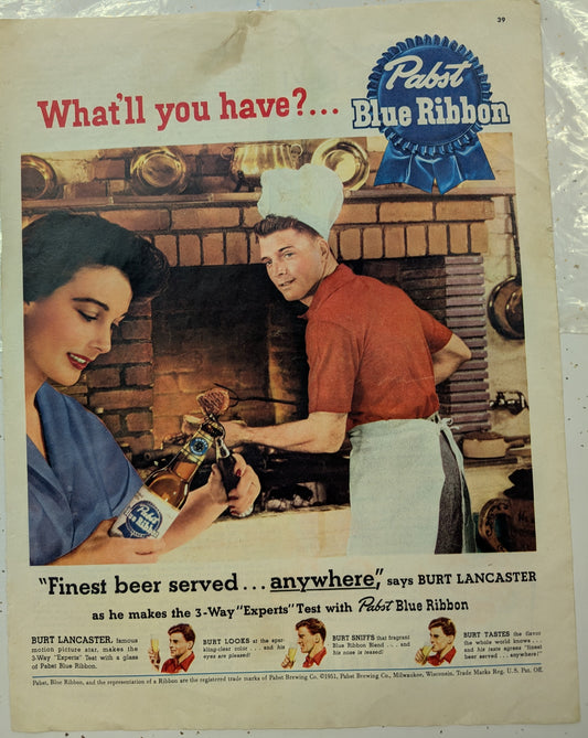 Colliers 1951 Pabst Blue Ribbon Advertisement featuring Burt Lancaster