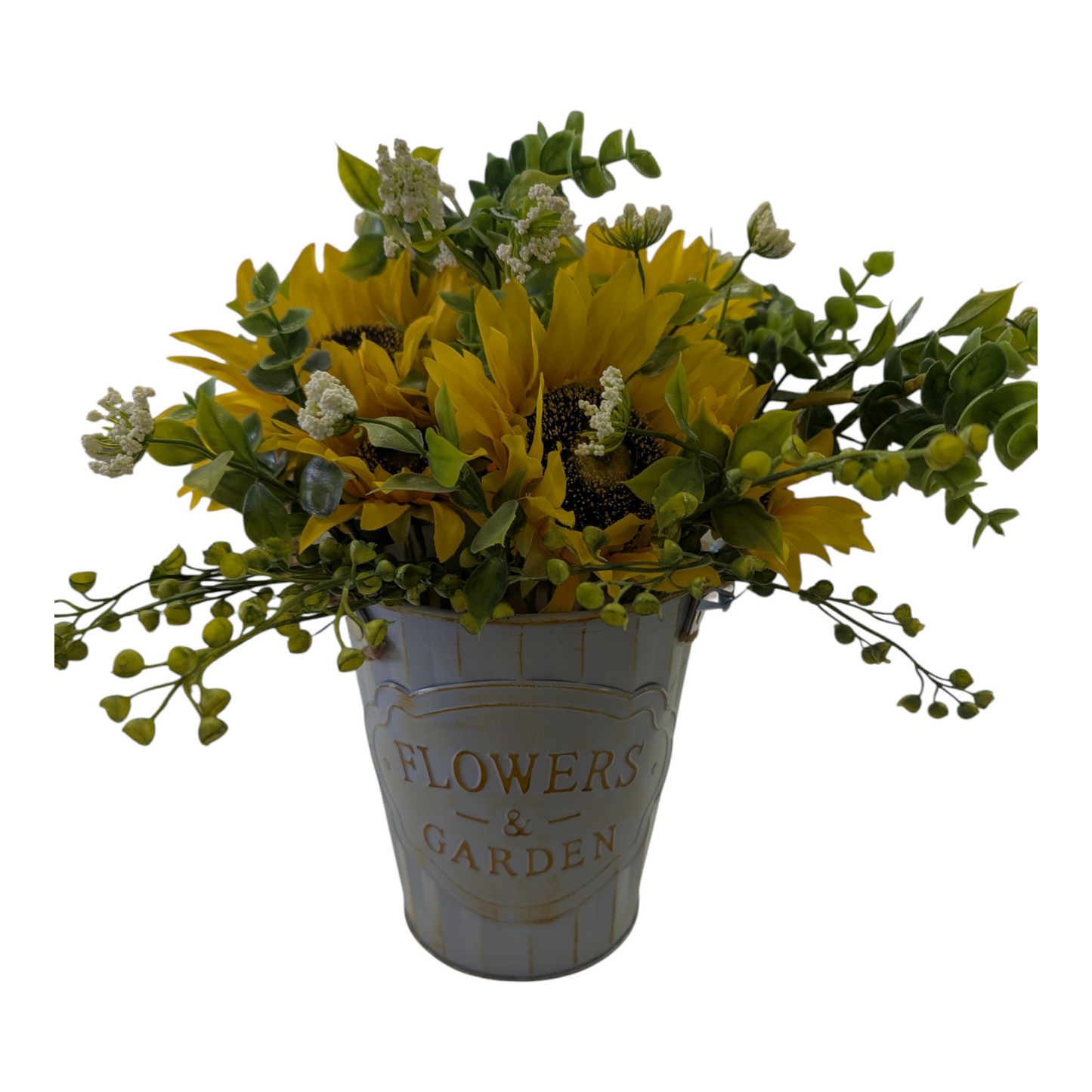 Sunflowers in blue metal bucket