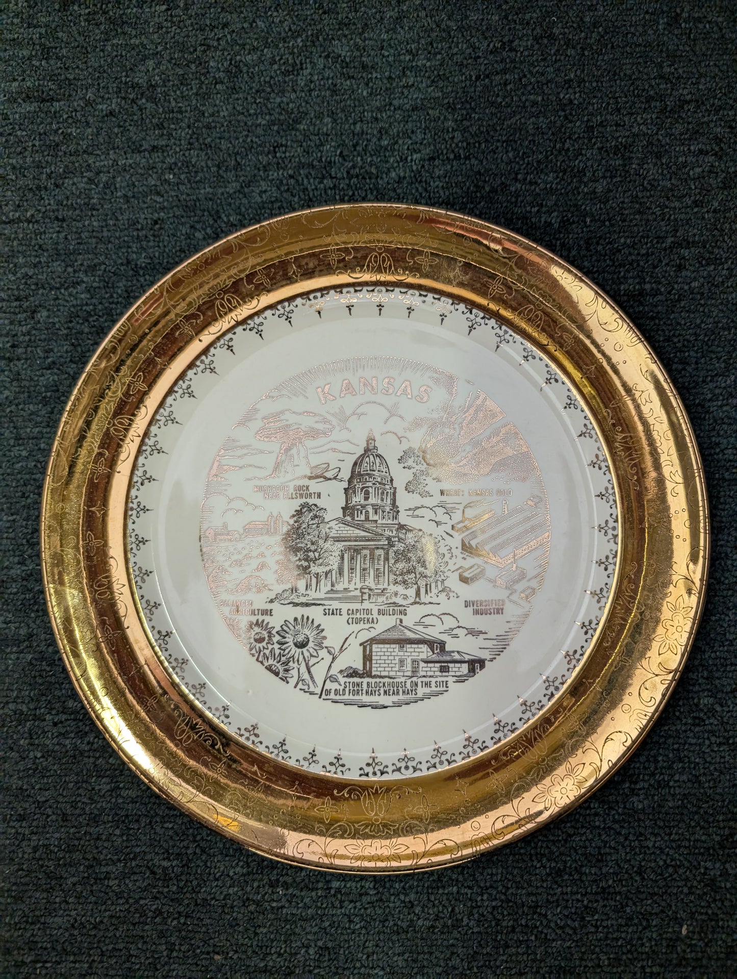 1950s Kansas Souvenir Plate 22K Gold