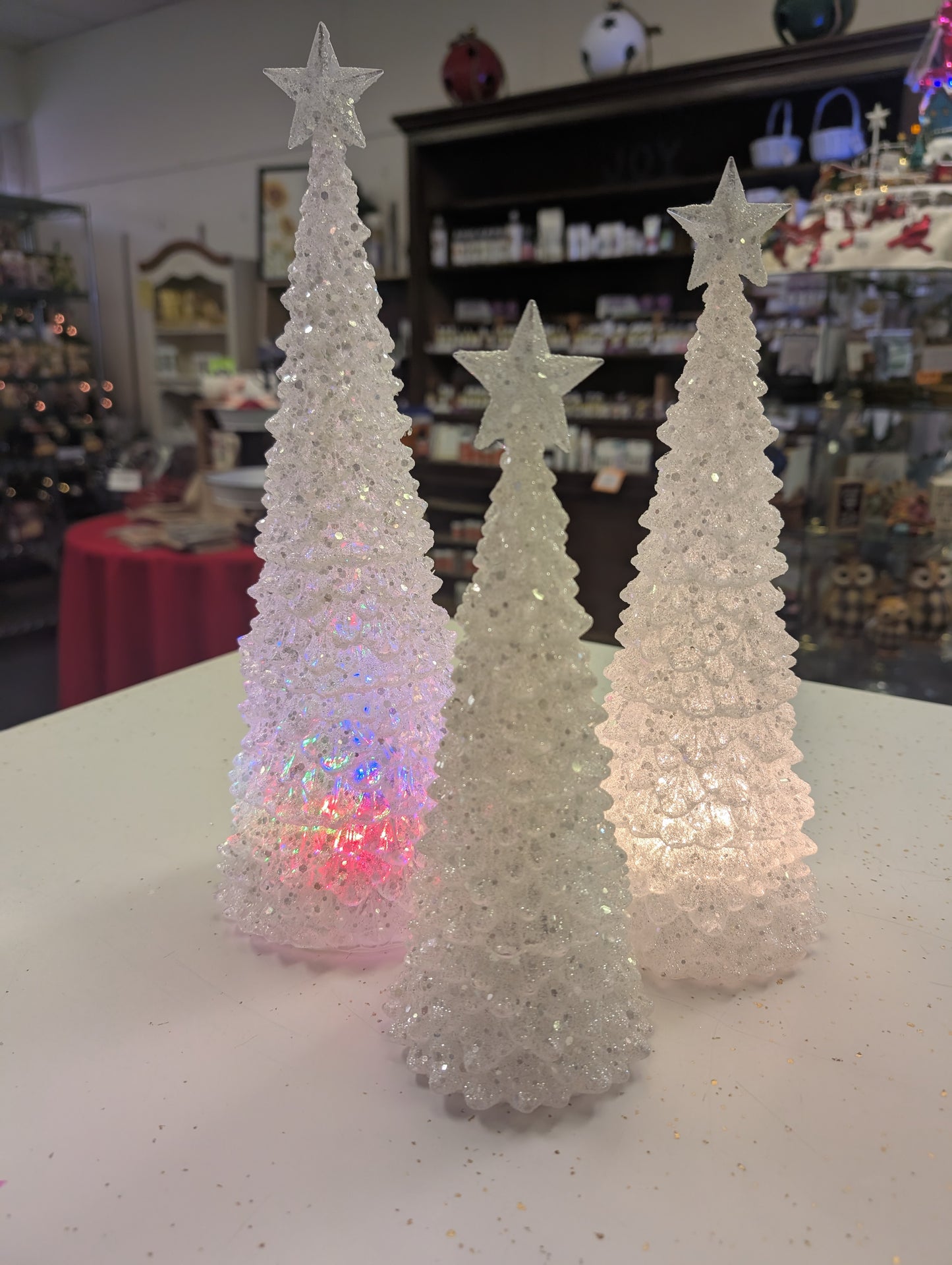 Set of 3 Lighted Christmas Trees – White & Silver Glitter with Color-Changing Lights