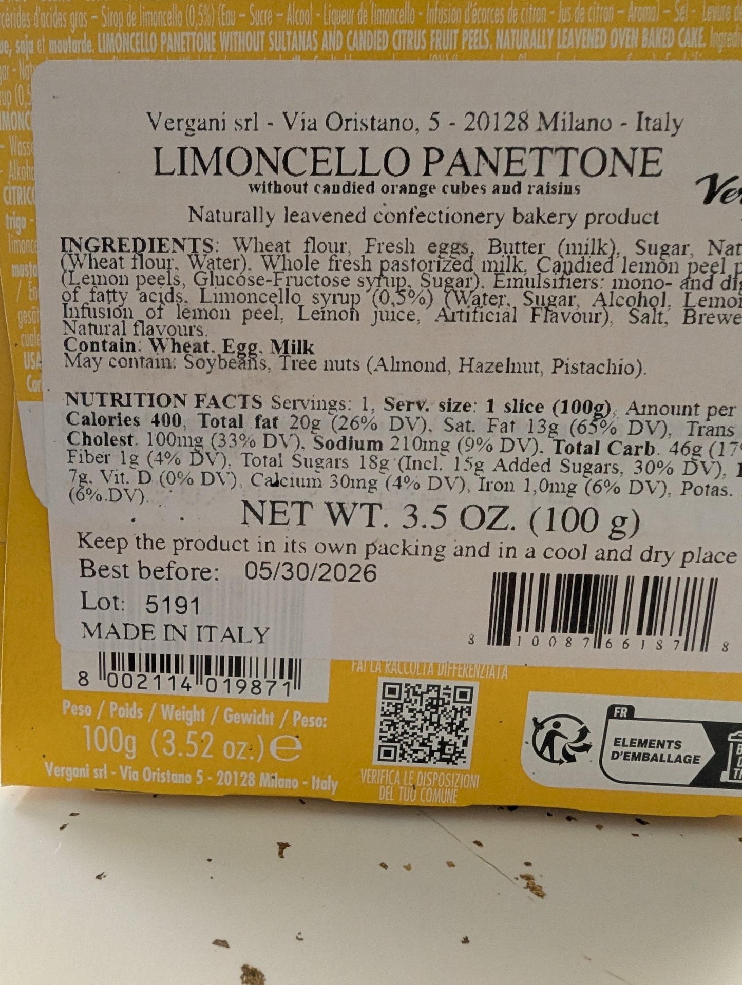 Mini Vergani Panettone – Limoncello (3.52 oz Gift Boxed)
