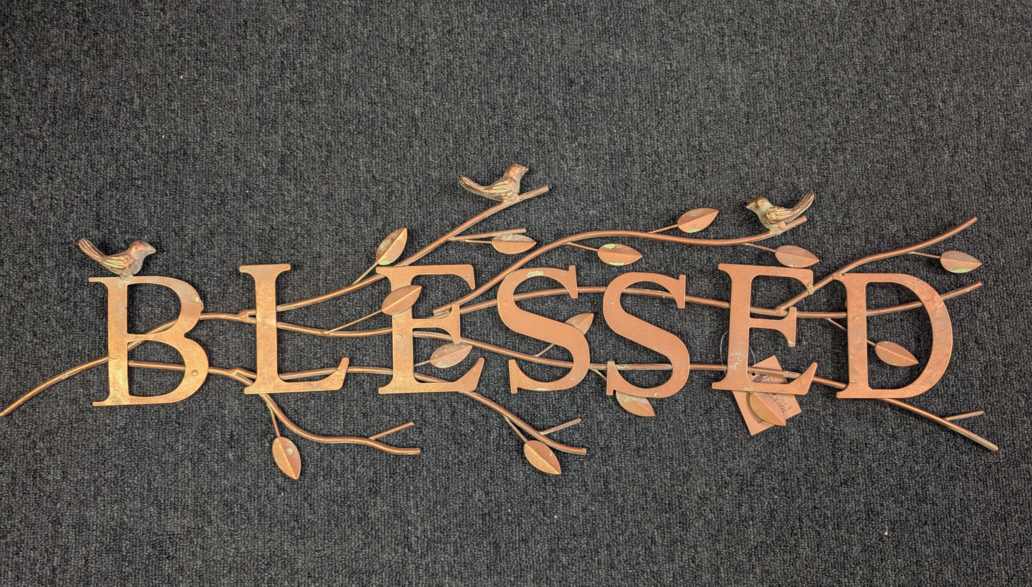 “Blessed” Metal Bird Branch Wall Decor — Rustic Garden Style (31")