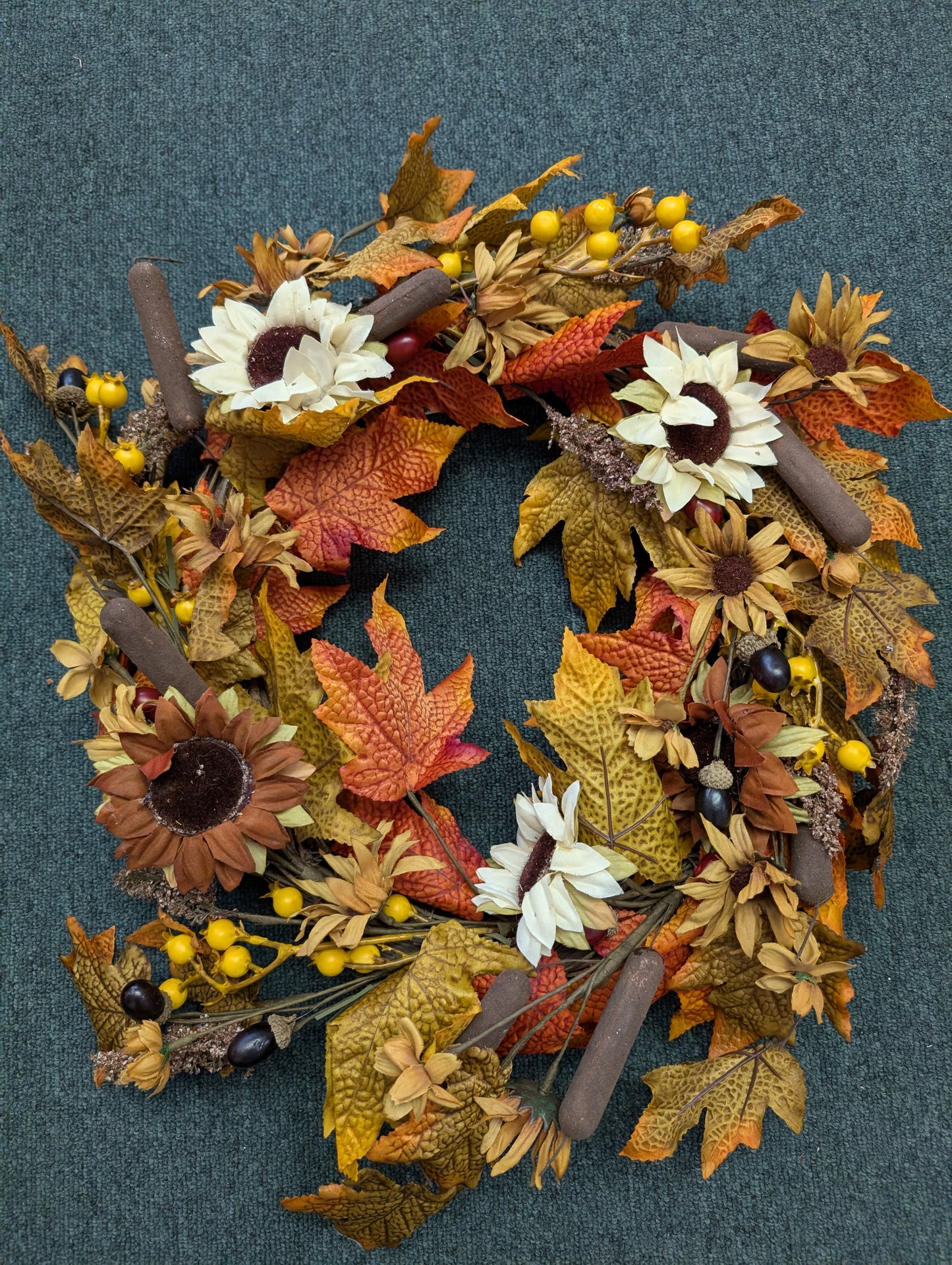 24" Harvest Wreath with Cattails and Berries
