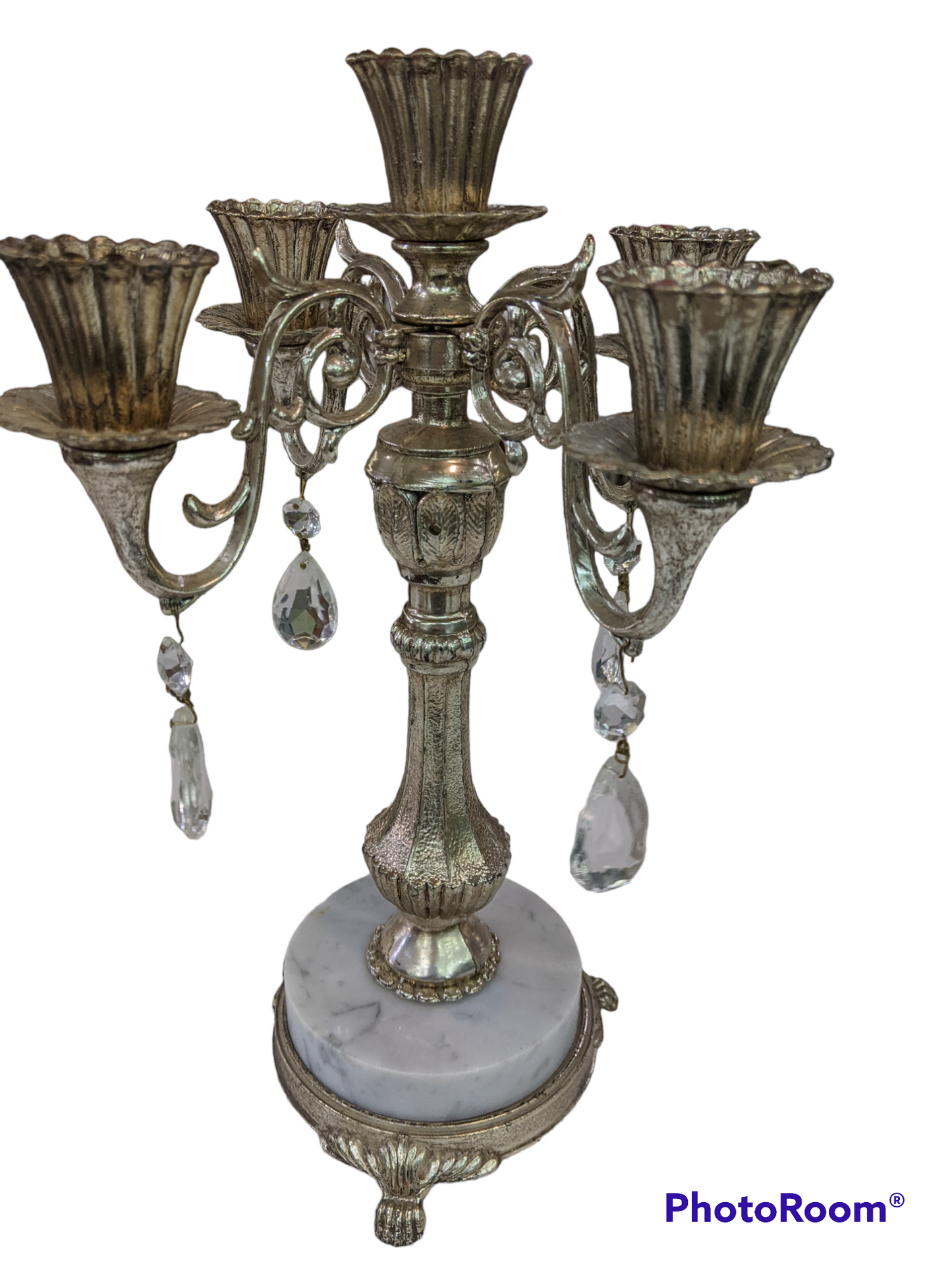 Vintage 5 Arm Silver Candelabra with Teardrop Crystals and Marble Base