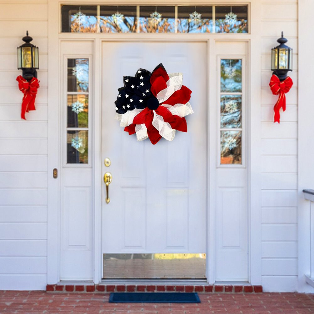 (Pre-Order) Rustic Burlap Patriotic 22" Wreath, American Flag Style 4th of July Front Door Home Decor