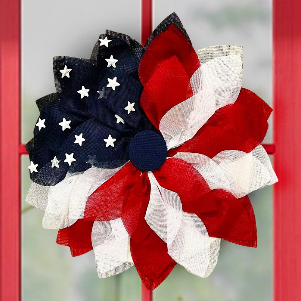 (Pre-Order) Rustic Burlap Patriotic 22" Wreath, American Flag Style 4th of July Front Door Home Decor