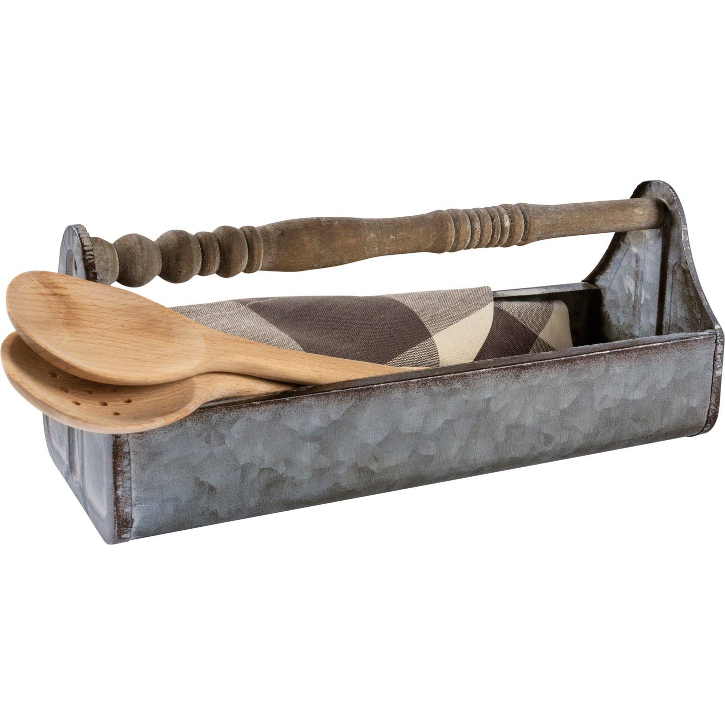 Distressed Metal Tabletop Tray with Wood Spindle Handle