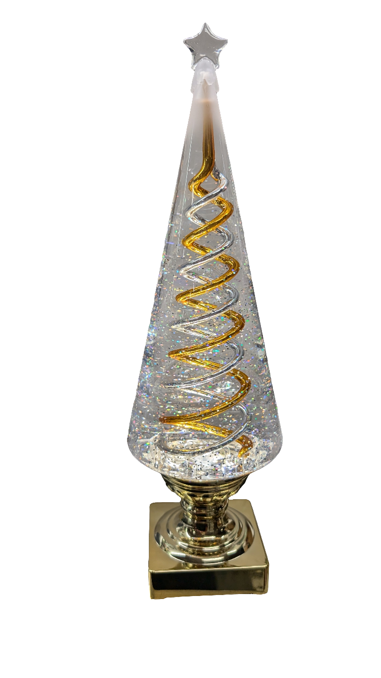 A tabletop Christmas tree water globe with a silver base and red accents, featuring a spinning spiral design.