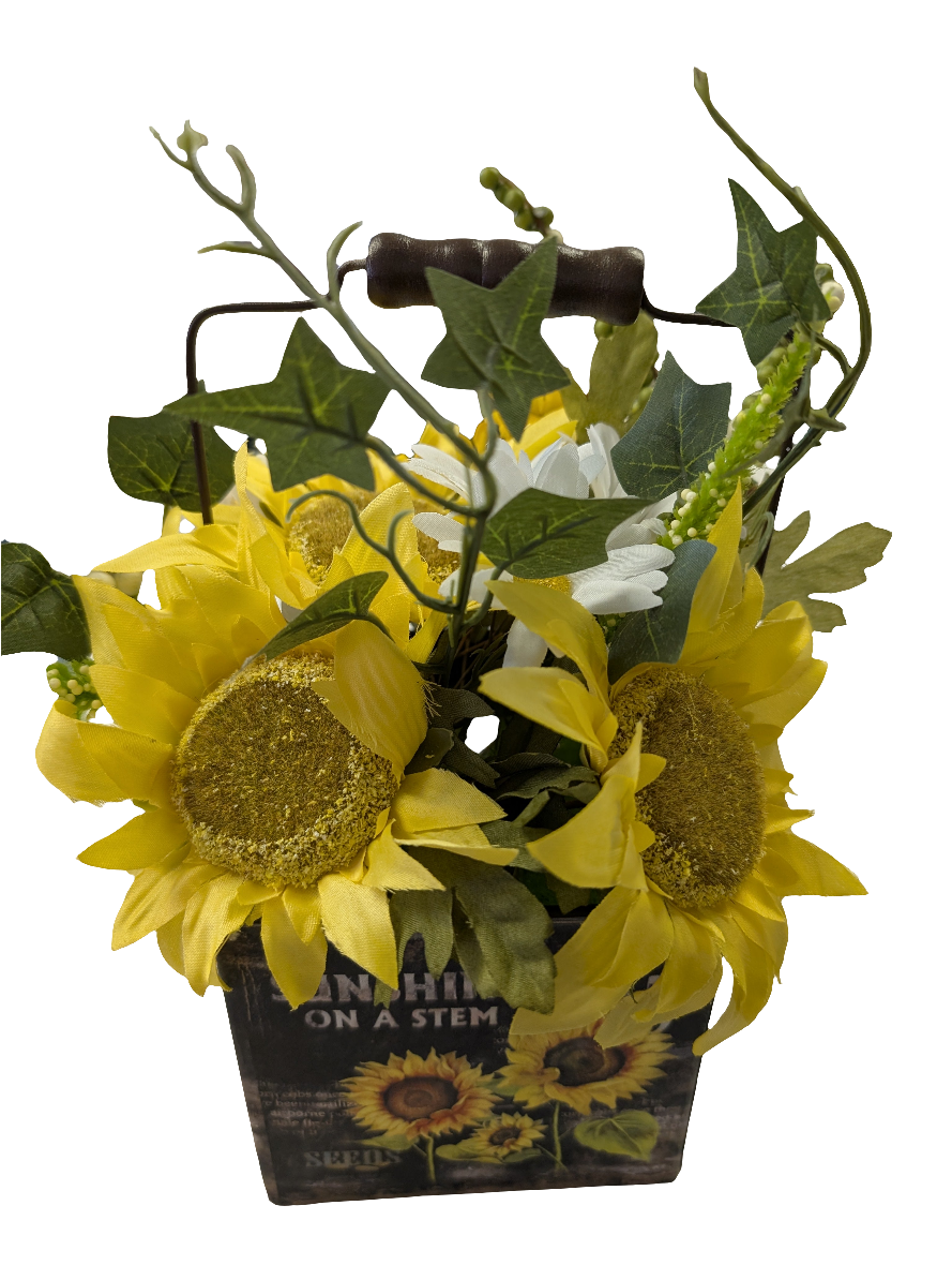 Daisies and Sunflowers in Metal Container