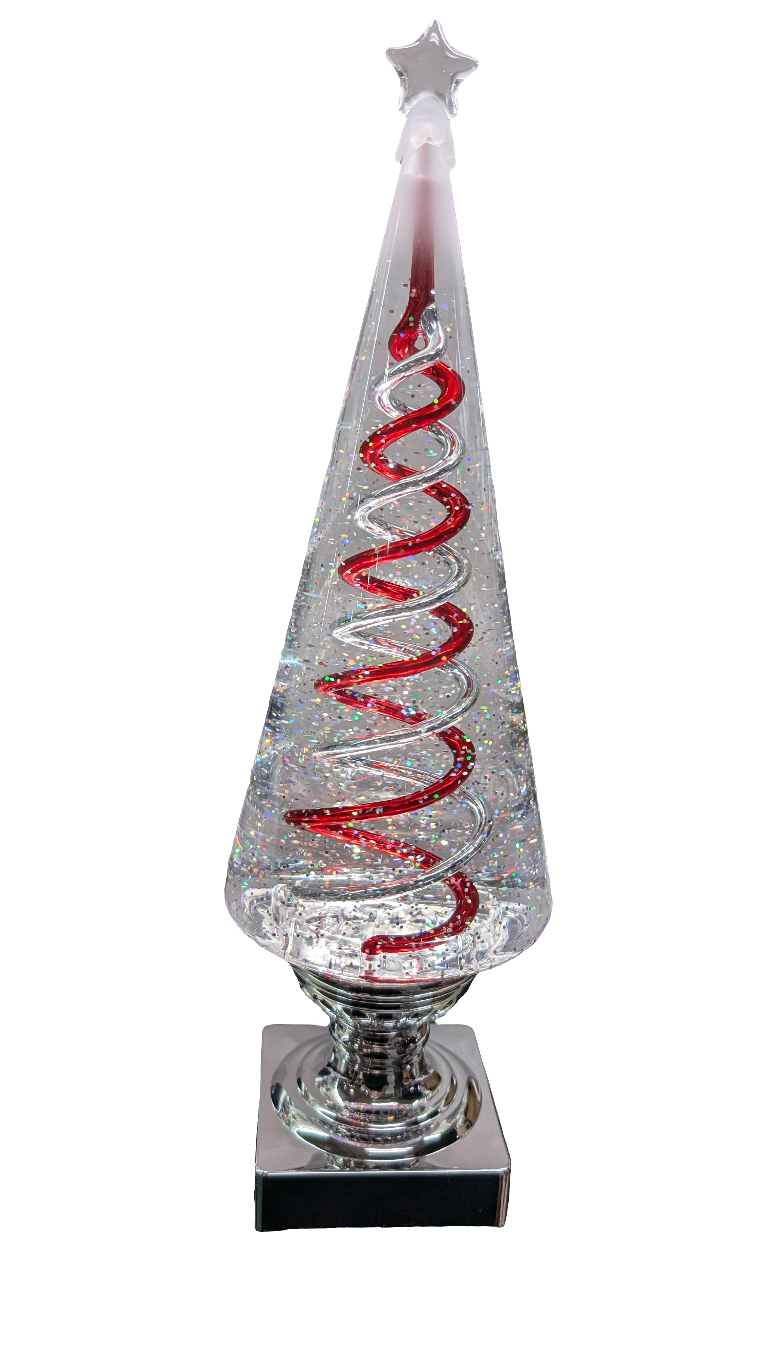A tabletop Christmas tree water globe with a silver base and red accents, featuring a spinning spiral design.