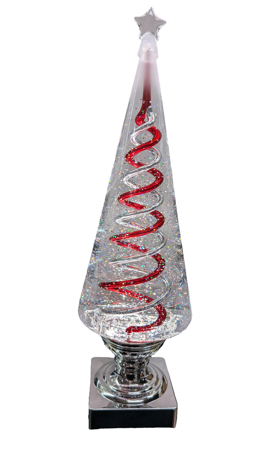 A tabletop Christmas tree water globe with a silver base and red accents, featuring a spinning spiral design.