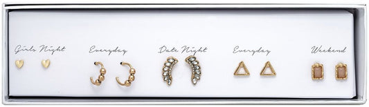 Boxed Gold Post Earring Set of Five ,Heart, Hoop, Wing, Triangle, Gem