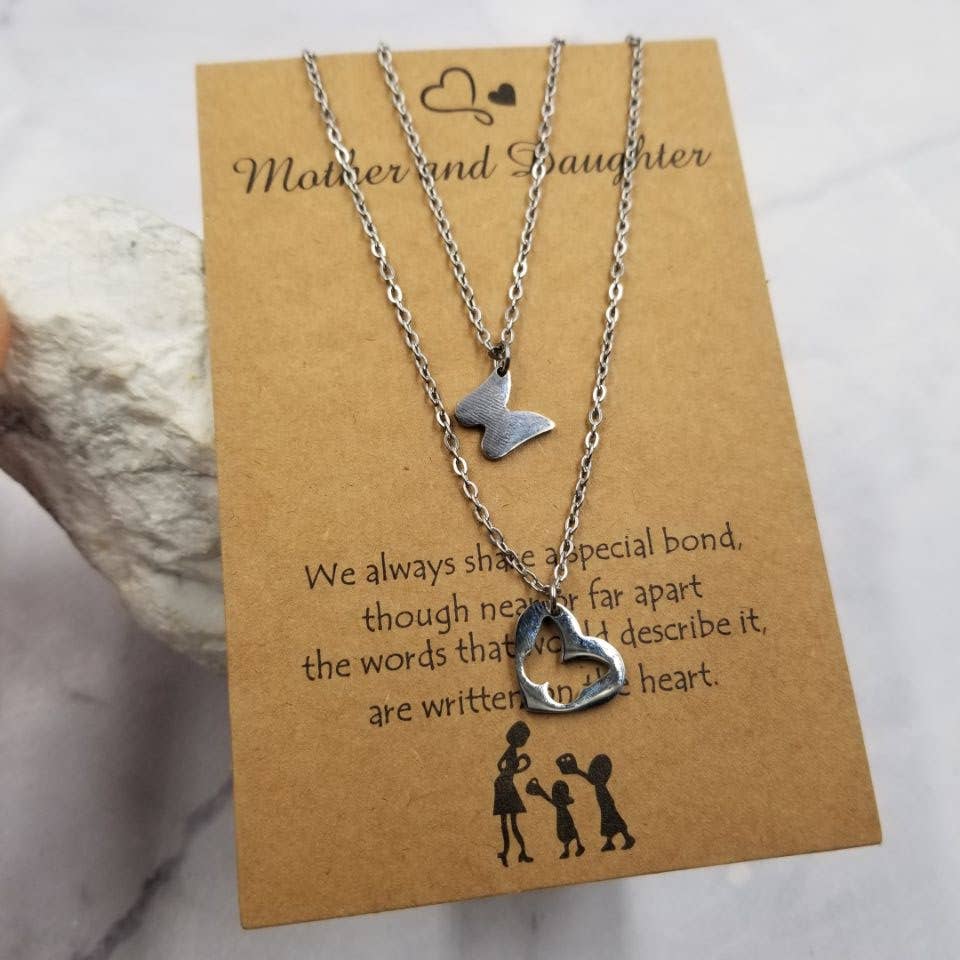 Mom and Daughter Butterfly Heart Necklace - Set Of 2
