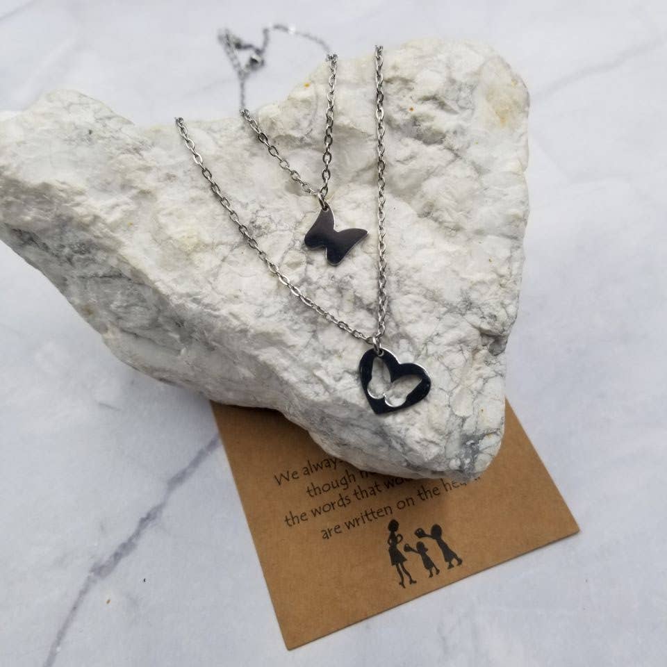 Mom and Daughter Butterfly Heart Necklace - Set Of 2