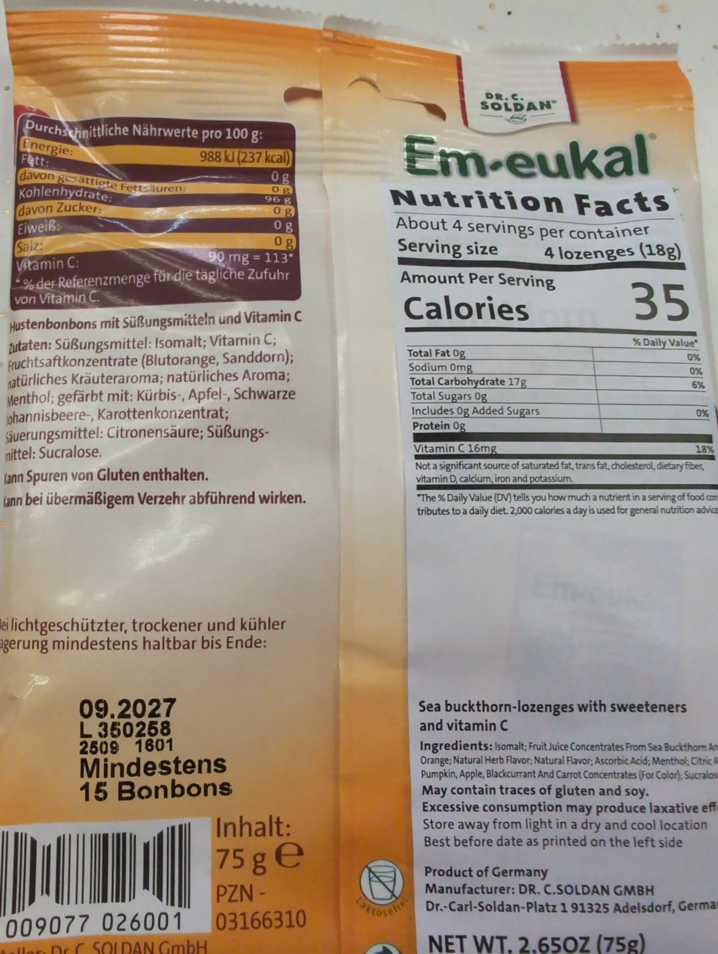 Em-eukal Sea Buckthorn w/ Blood Orange Cough Drops 75g Bag