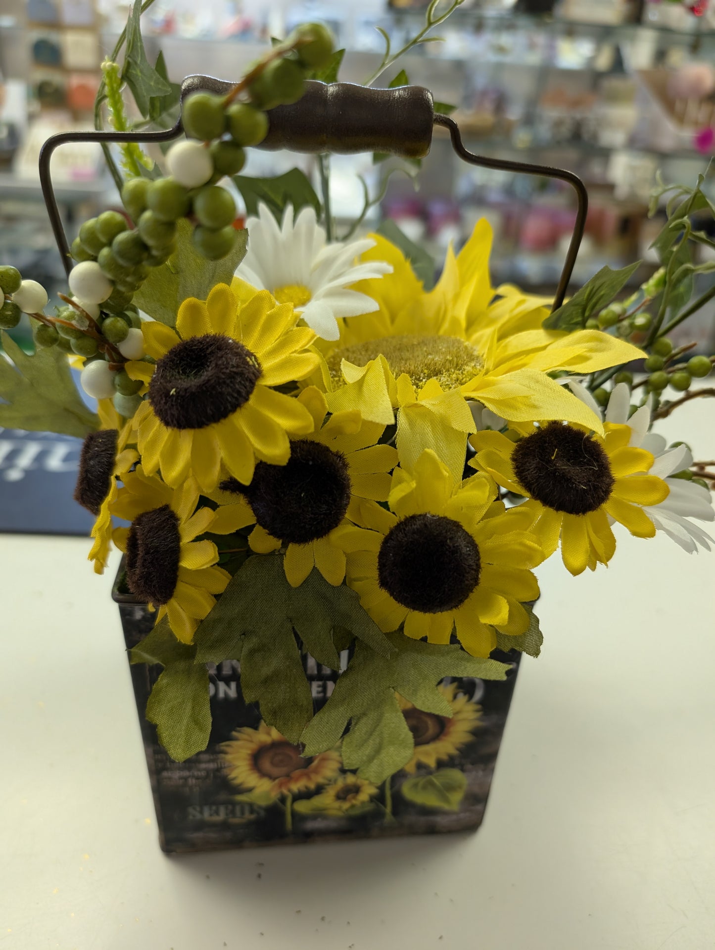 Daisies and Sunflowers in Metal Container