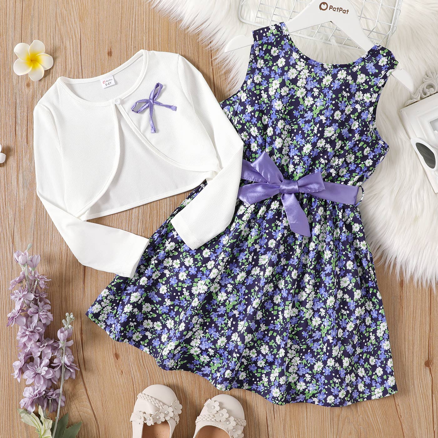 Sleeveless Floral Dress and Bowknot Cardigan Set