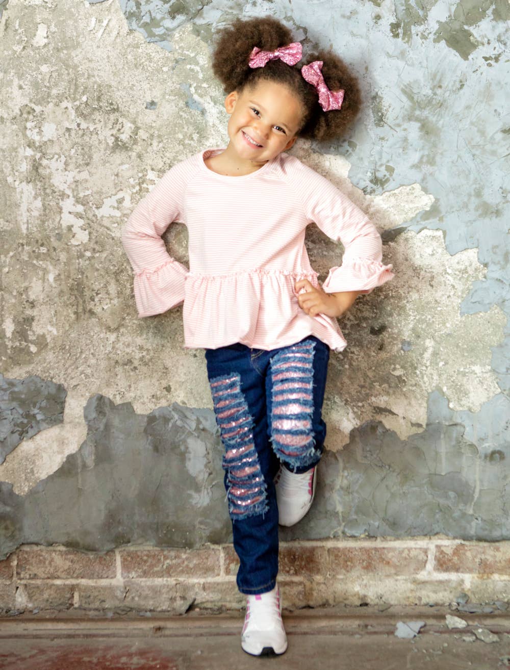 Light Pink Tunic Distressed Denim Jean Set