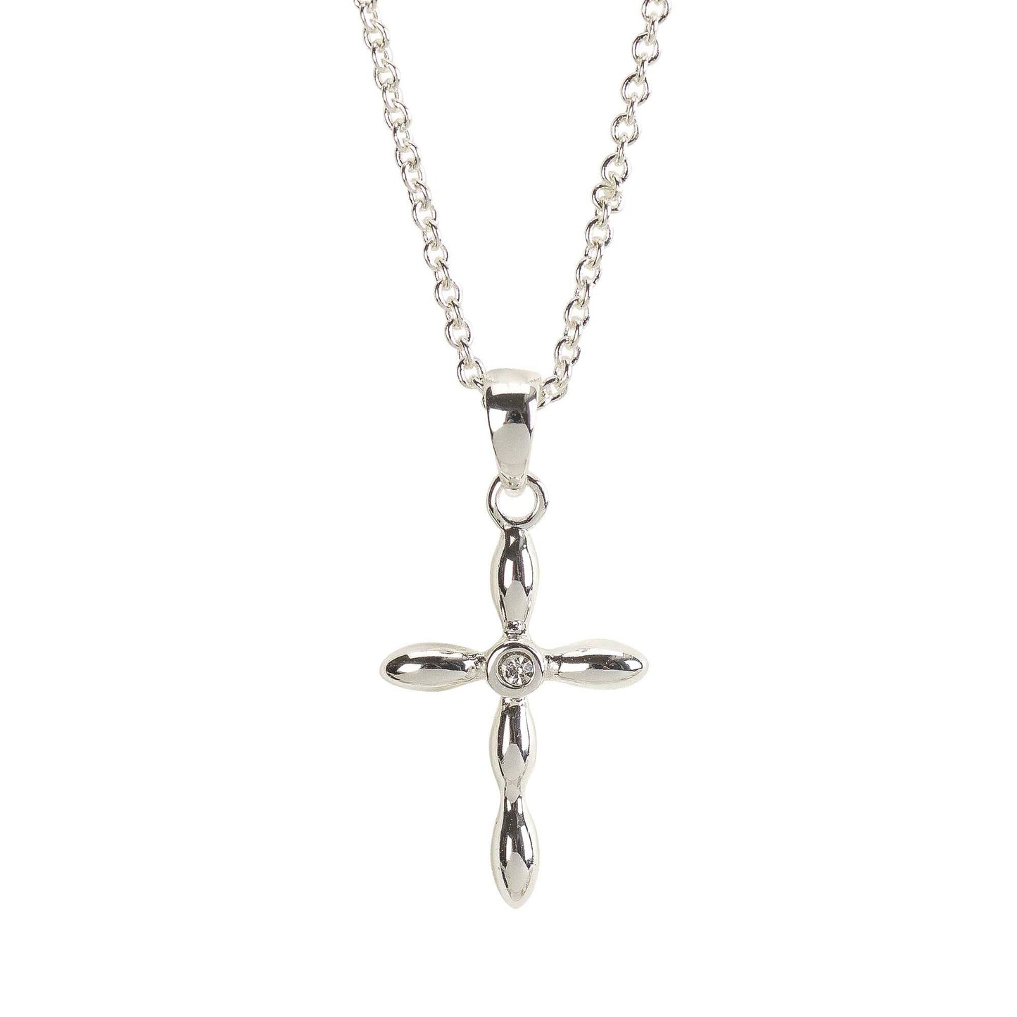 SILVER PLATED PETAL CROSS W/CRYSTAL NECKLACE