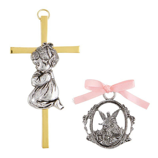 Cross and Guardian Angel Crib Medal Set