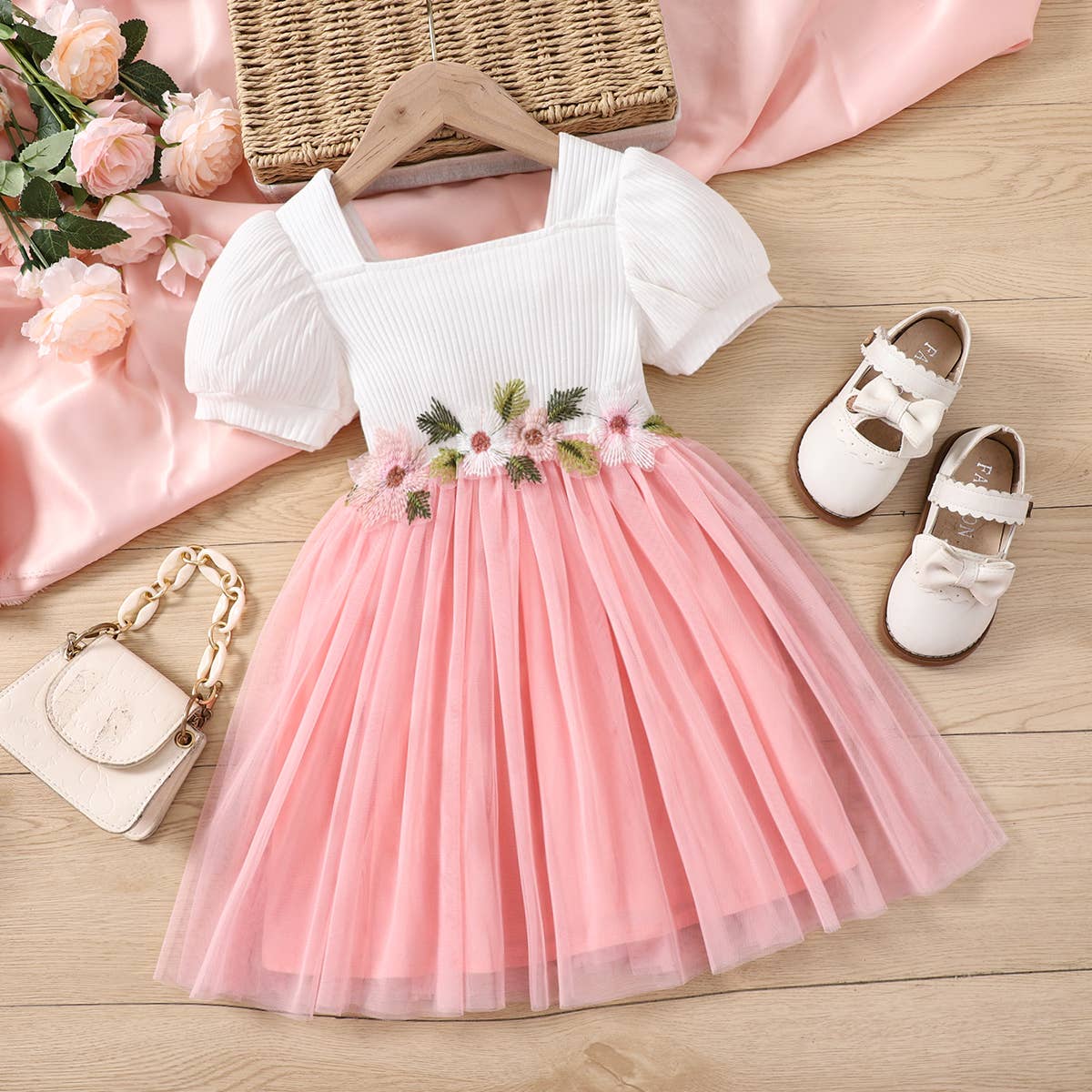 Sweet Design Mesh Splice Puff-sleeve Dress