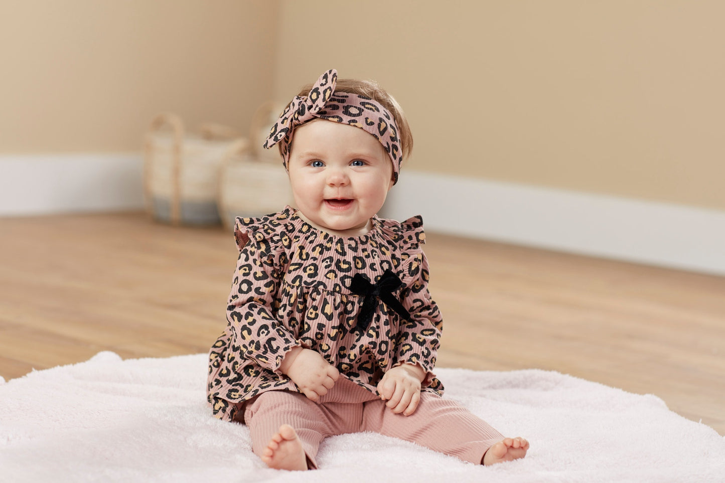 Baby Girls Mauve Leopard Long Sleeve Tunic with Ribbed Leggings and Headband