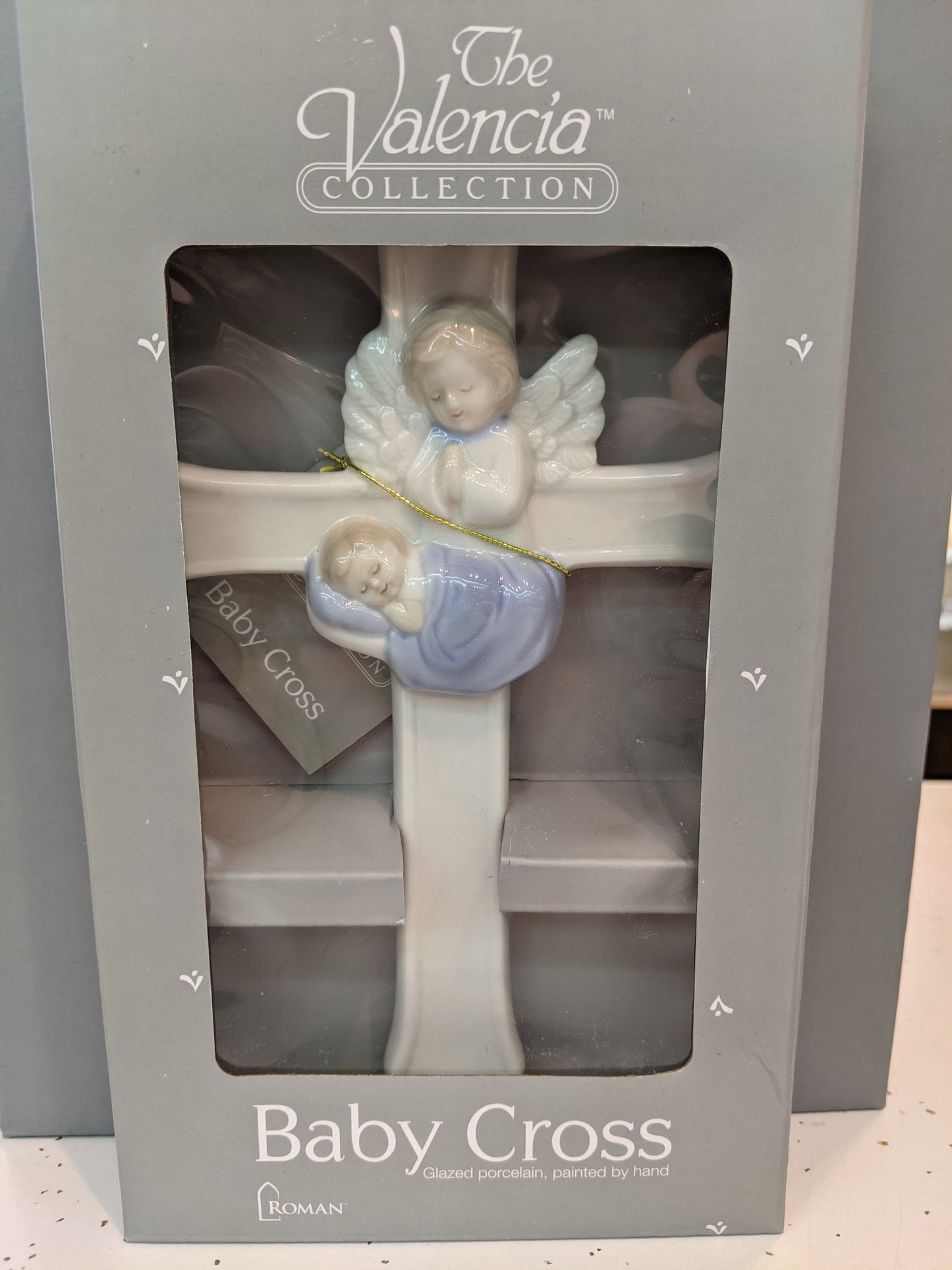 7.25” Porcelain Baby Cross with Guardian Angel - Boy