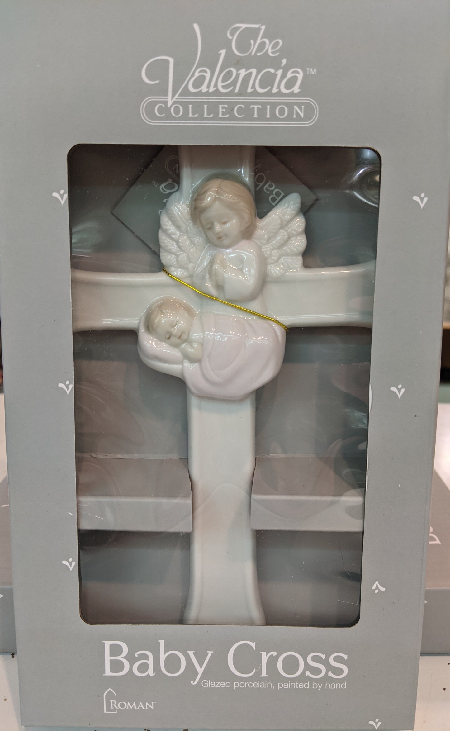 7.25” Porcelain Baby Cross with Guardian Angel - Girl