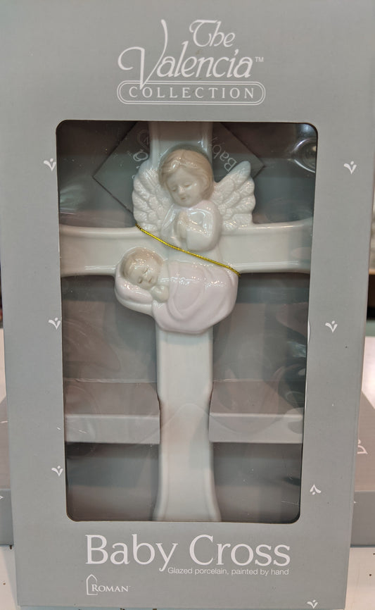 7.25” Porcelain Baby Cross with Guardian Angel - Girl