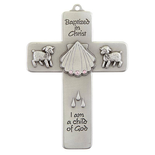 Baptismal Cross - Pewter w/Pink Jewels
