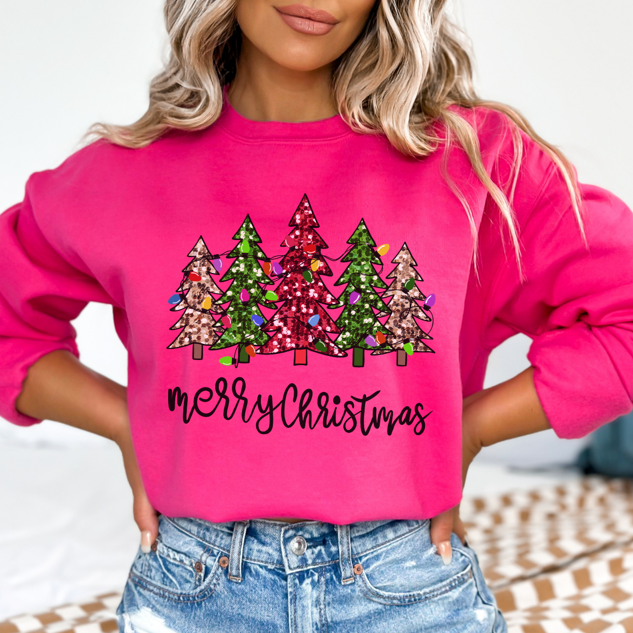 Merry Christmas Pink women's sweatshirt, Sparkling trees