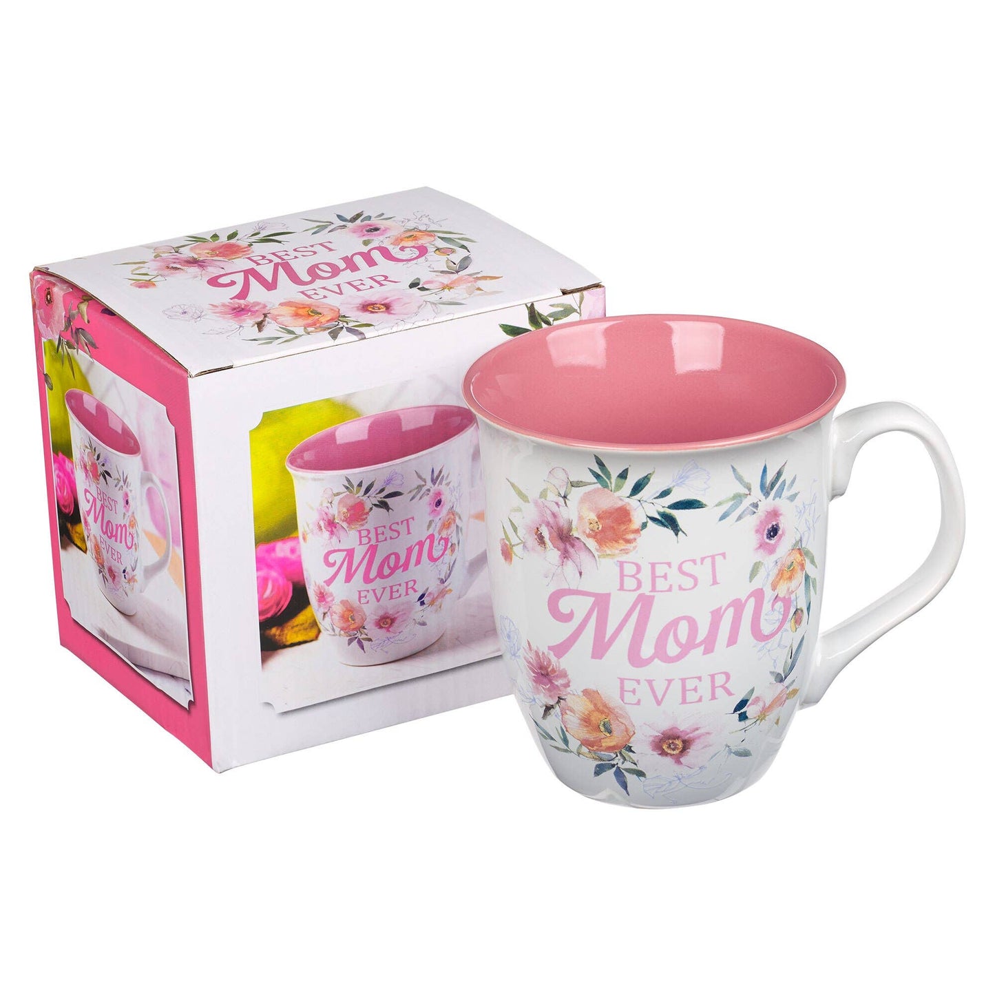 Best Mom Ever Floral Mug - Pink Interior (14oz)  Num. 6:24