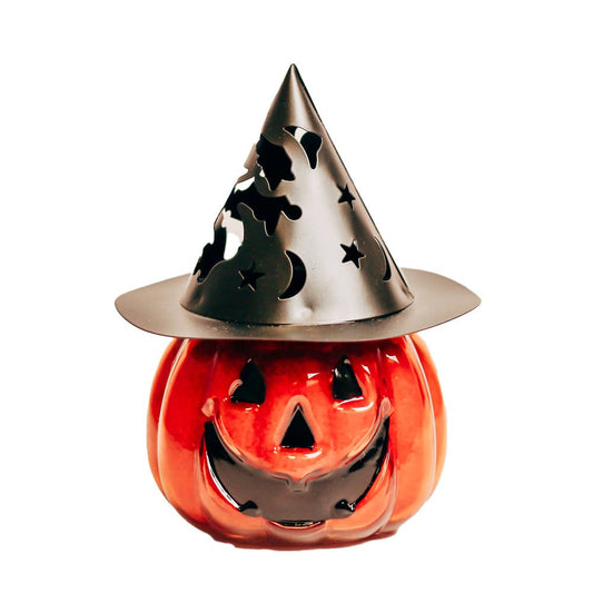 Halloween-themed pumpkin  candle with a witch hat 