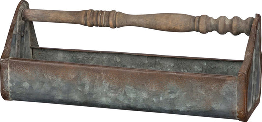 Distressed Metal Tabletop Tray with Wood Spindle Handle