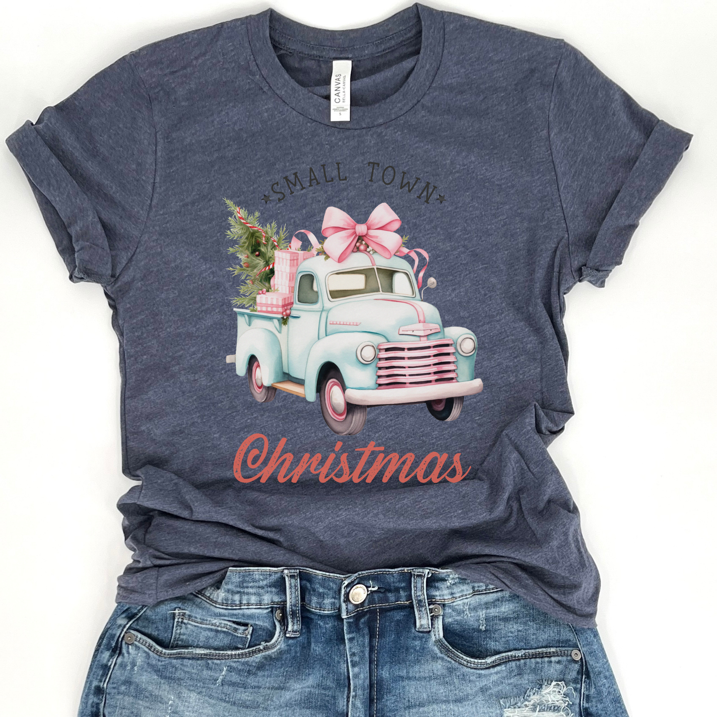 Small town Christmas women's holiday t-shirt, Country, truck