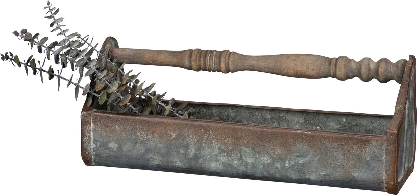 Distressed Metal Tabletop Tray with Wood Spindle Handle