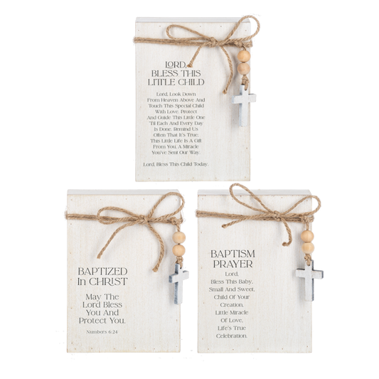Baptism Message Wood Block Signs with Beaded Cross