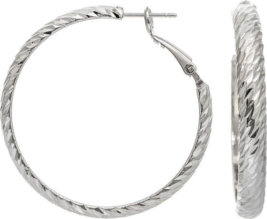 Silver Plated Diamond-Cut Hoop Earrings – 1.5"