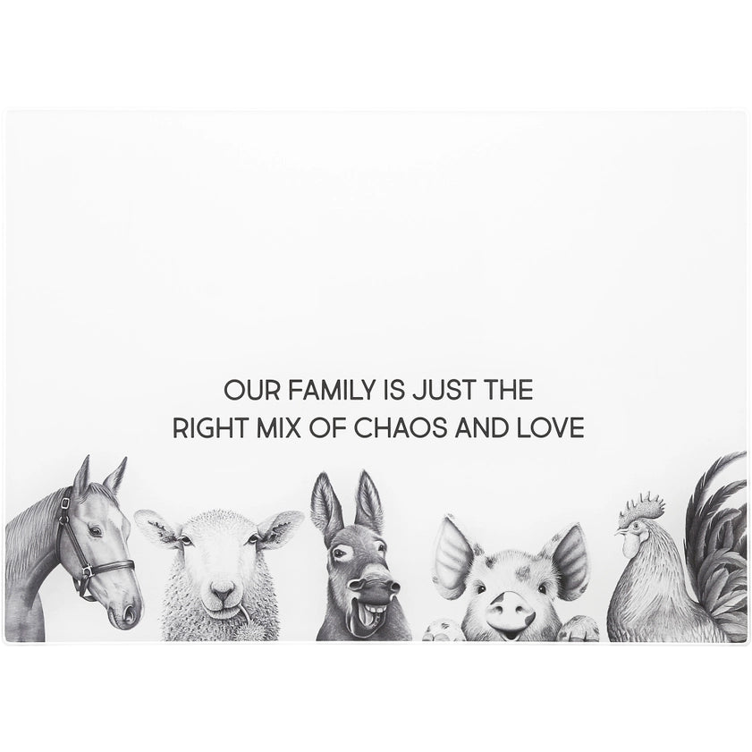 Glass Cutting Board – “Our Family is Just the Right Mix of Chaos and Love”